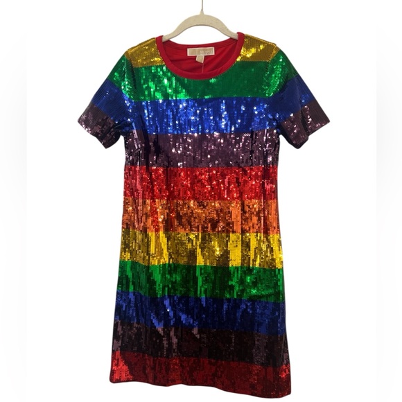 Michael Michael Kors Rainbow Sequined Cotton-Jersey T-Shirt Dress Size XS - Picture 8 of 10